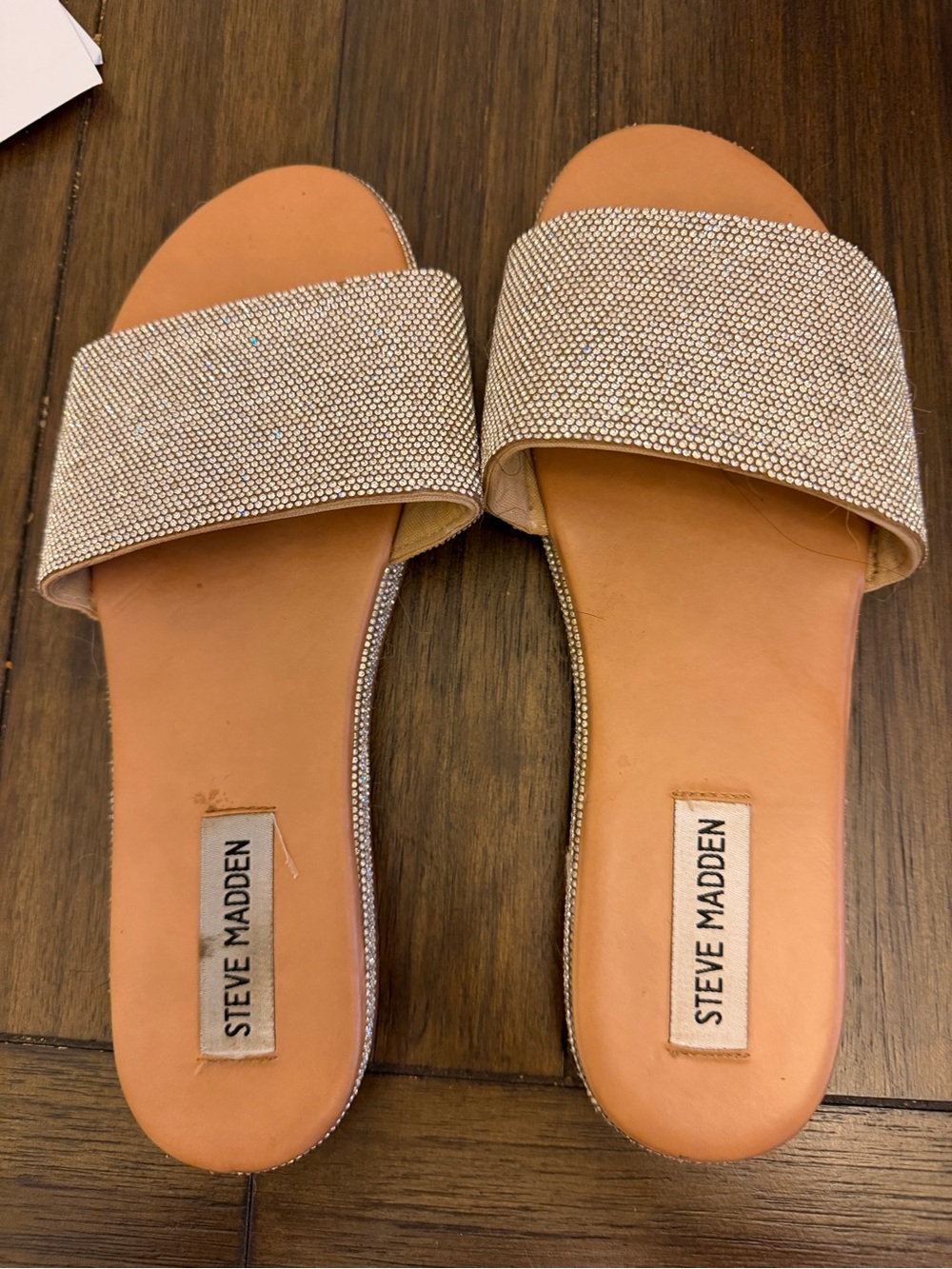 Ariella Rhinestone Slide Sandals in Tan and Silver